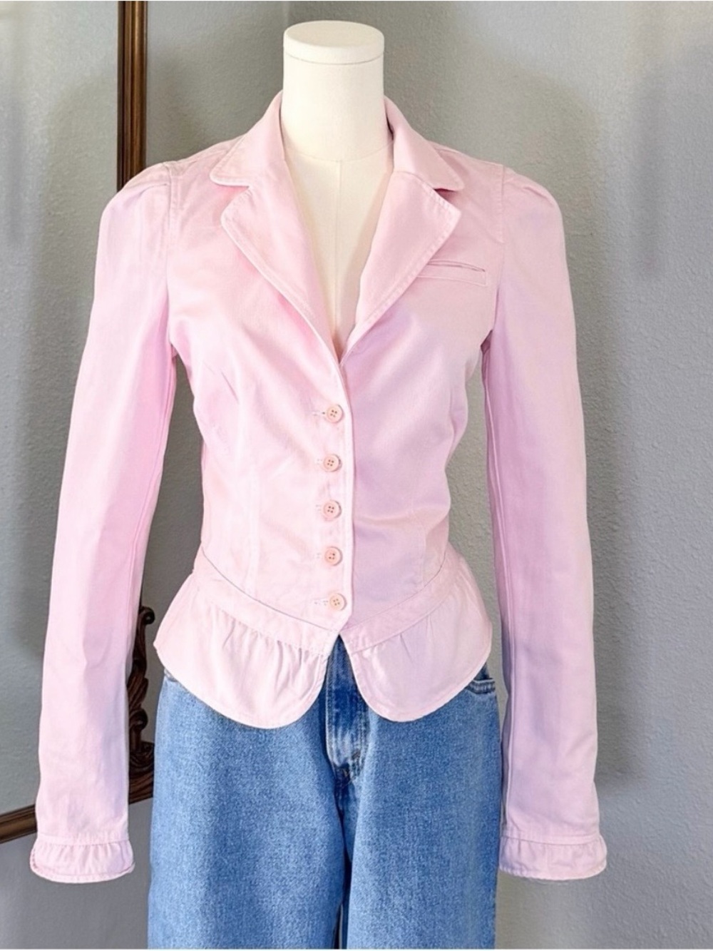 Y2K McBling Pink Denim Ruffle Peplum Jacket Coquette Glam⁠